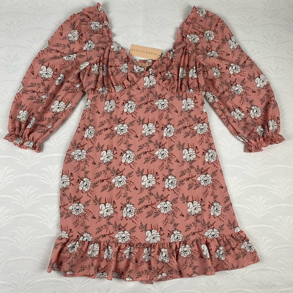 Evolutionary Floral Dress Puff Sleeve Sweetheart Neckline Juniors Size Medium